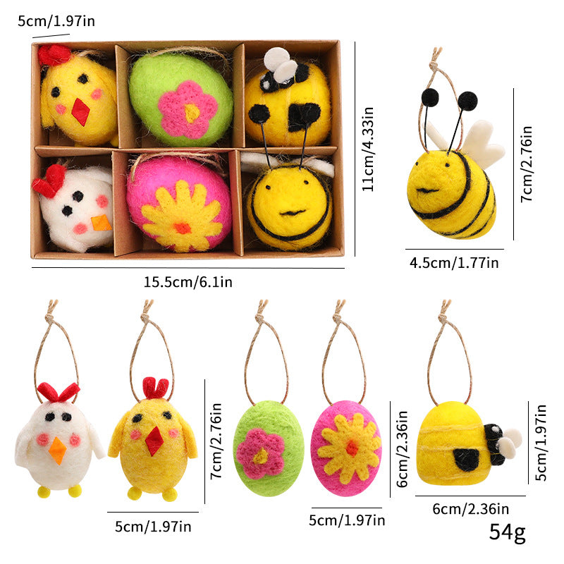Felt Wool Easter Ornament Set 6pc | Handmade Chick Bee & Flower Egg Hanging Decorations | Spring Tree & Home Decor