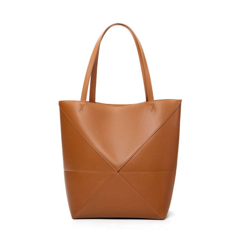 Black Leather Tote Bag - Minimalist Geometric Panel Shoulder Bag | Women's Large Capacity Work Shopping Tote