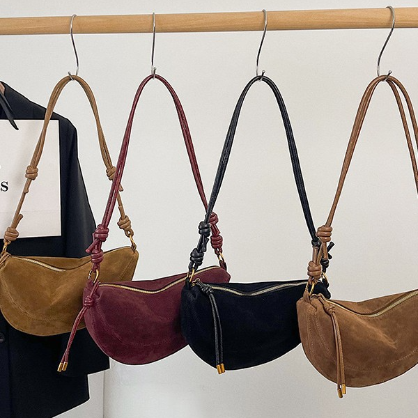 Black Suede Crescent Shoulder Bag | Knotted Strap Half Moon Hobo Bag with Gold Hardware & Charm