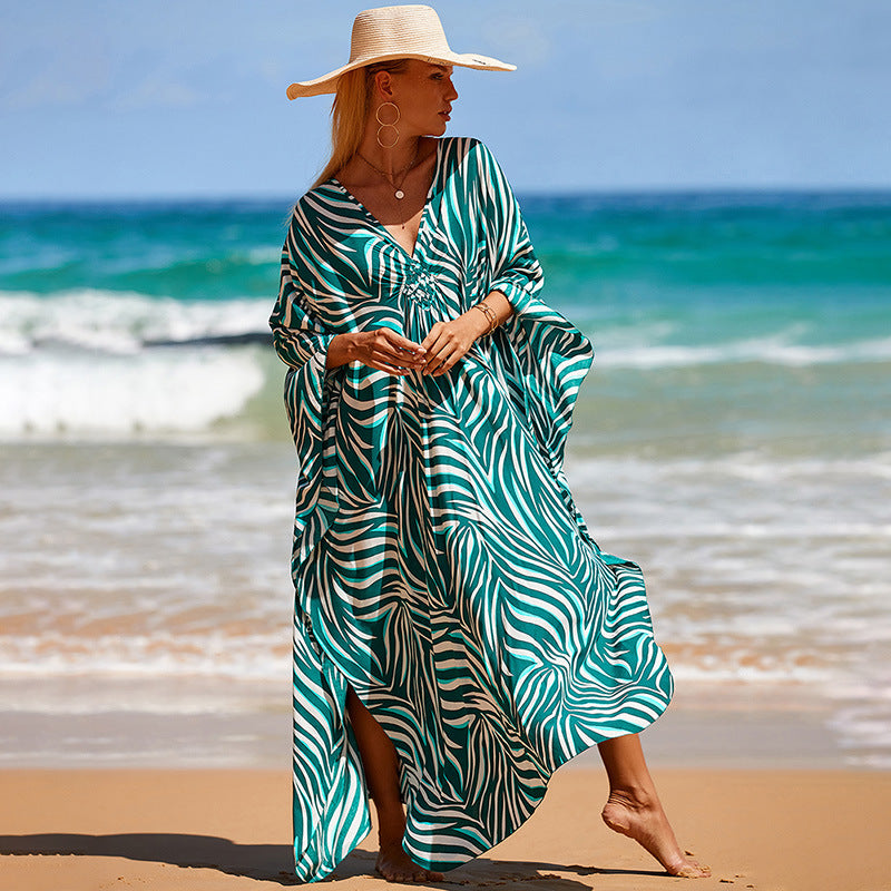 Kaftano lungo stampato da mare | Abito boho oversize con maniche a pipistrello e scollo a V | Copricostume da bagno da donna con fantasia tie-dye, zebrata o a foglie tropicali, in stili diversi