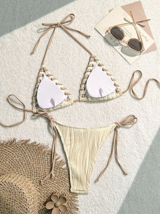 Cream Pleated Triangle Bikini Set Lace Up Detail | Tie Side Thong String Swimsuit | Women's Boho Luxury Swimwear
