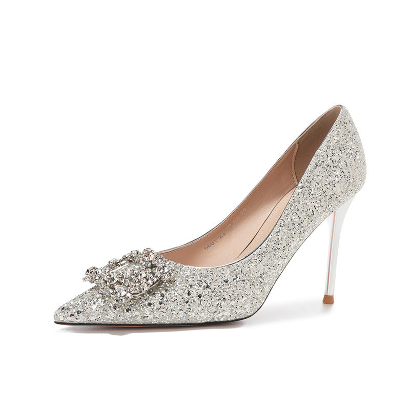 Gold Glitter Stiletto Heels | Crystal Rhinestone Buckle Pointed Toe Pumps | Wedding & Evening Party Shoes for Women