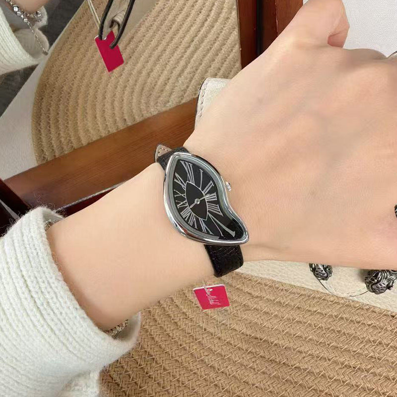 Salvador Dali Inspired Melting Watch | Surrealist Asymmetric Gold Case Women's Watch | Roman Numeral Leather Strap
