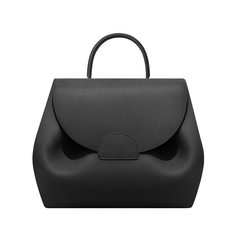 Polene Black Leather Structured Handbag with Curved Flap | Modern Top Handle Bag
