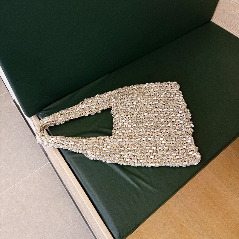 Women's Pearl Beaded Crochet Tote Bag in Cream Ivory, Handwoven Shoulder Bag for Beach Vacation and Summer