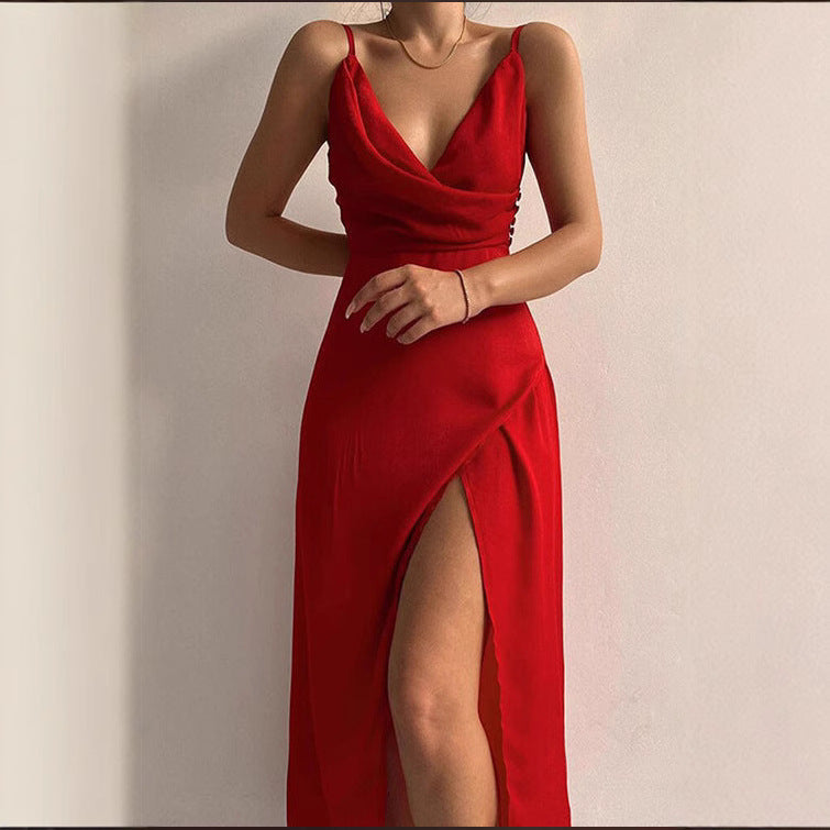 Womens V Neck Spaghetti Strap Maxi Dress with Side Slit Sleeveless Wrap Style Long Summer Dress Available in Multiple Colors and Prints