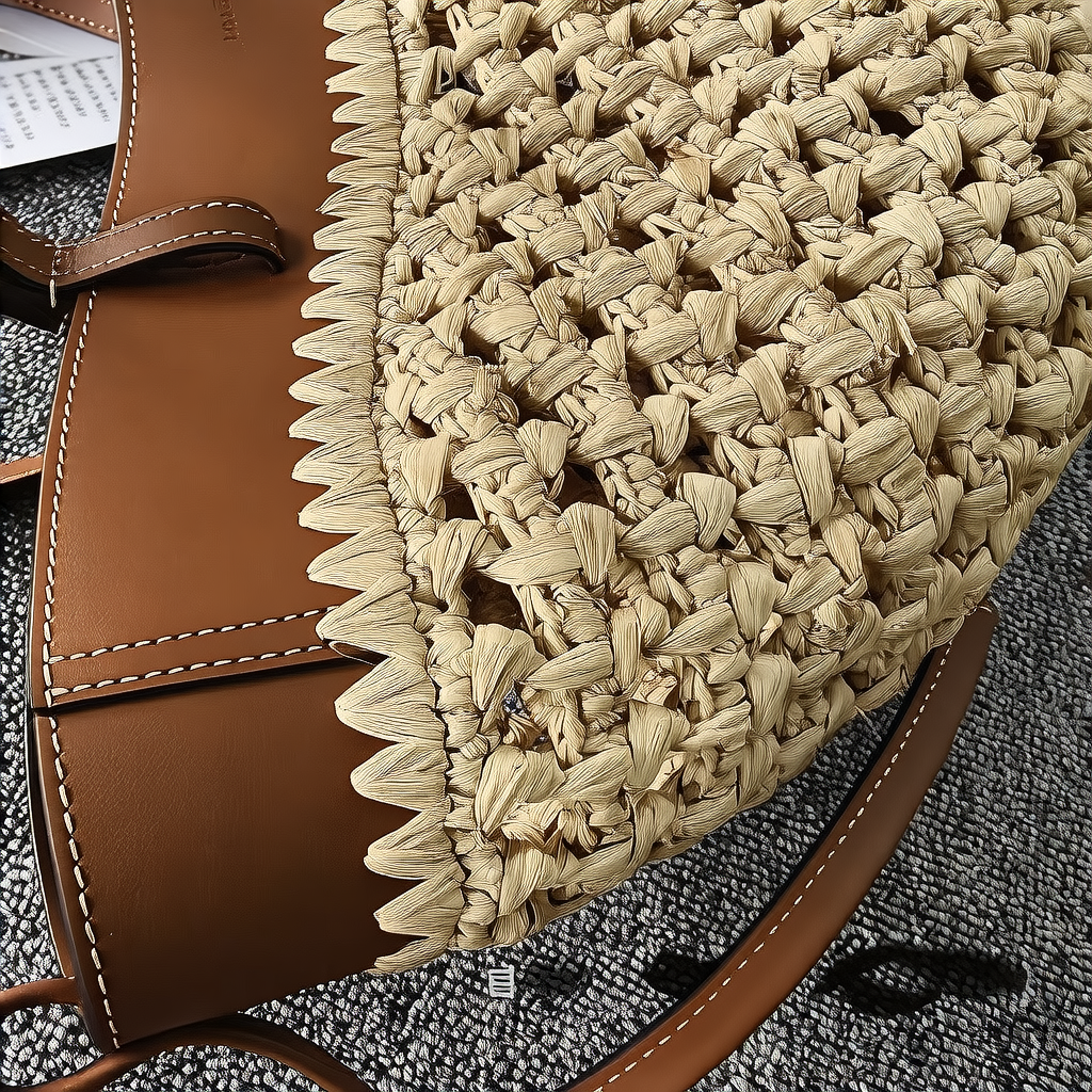Pol�ne Style Natural Raffia Woven Tote Bag with Tan Leather Trim, Luxury Crochet Straw Market Basket Handbag Women, Boho Summer Beach Shopper, Elegant Vacation Gift