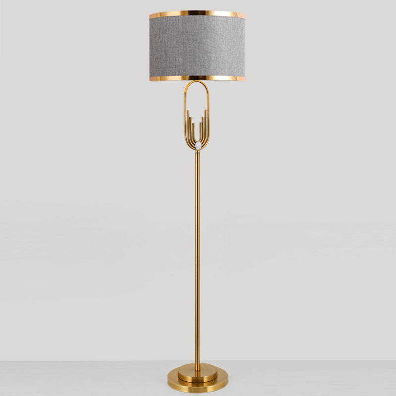 Gold Floor Lamp | Arch Metal Base White Drum Shade | Modern Living Room Standing Lamp