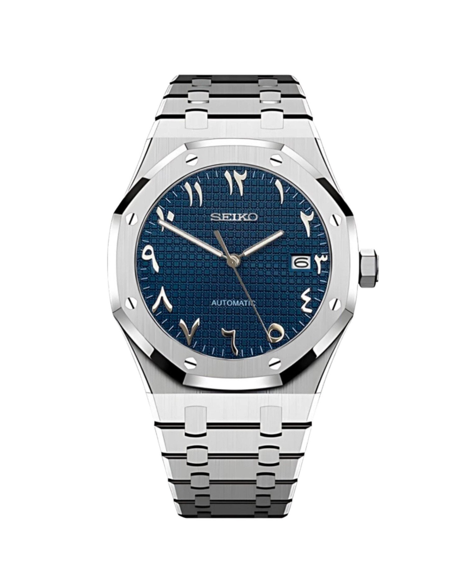 Seiko Automatic Watch Men | Arabic Numeral Blue Tapisserie Dial | Octagon Screw Bezel | Silver Steel Royal Oak Style Watch