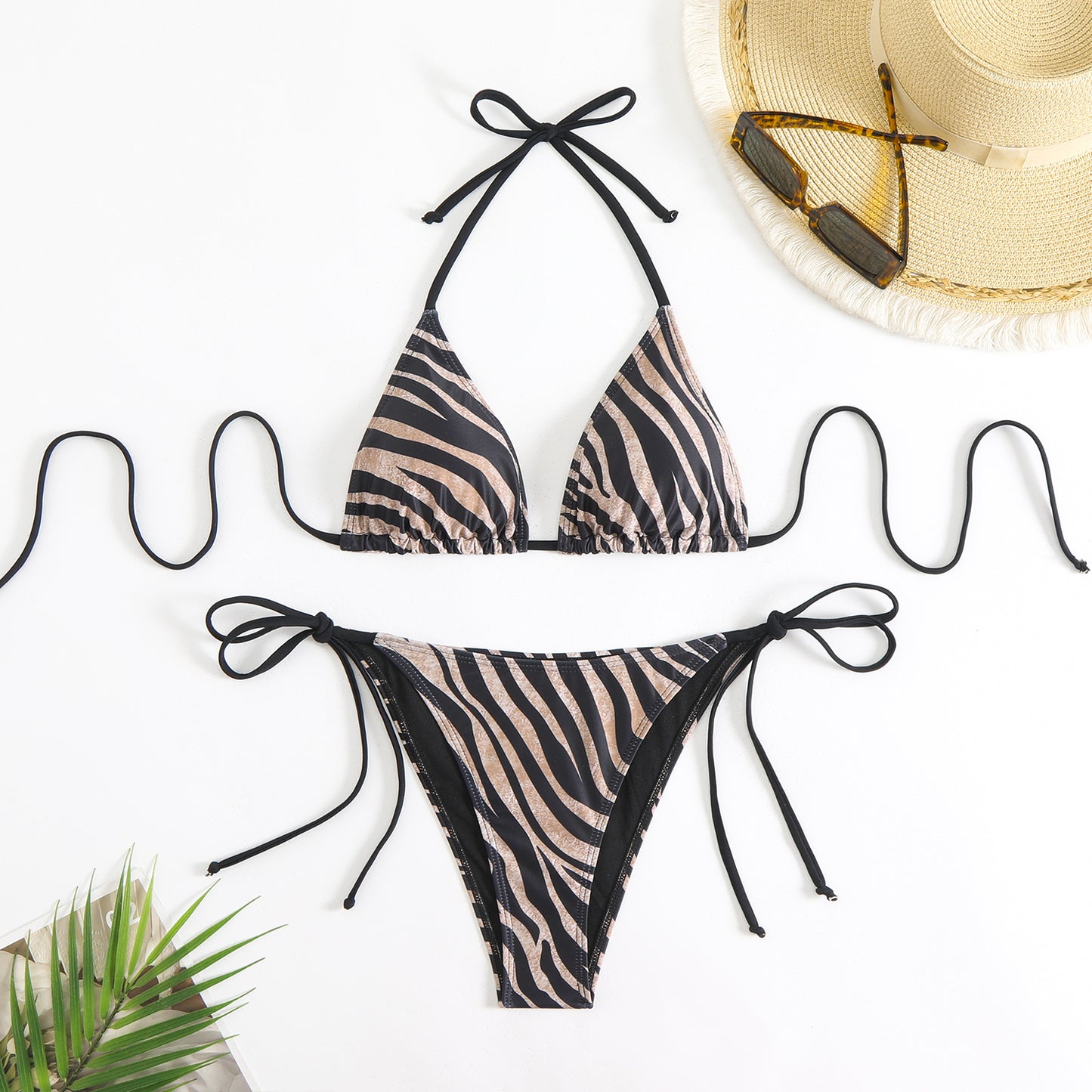 Completo bikini a triangolo stampa zebrata da donna | Bikini con laccetti all'americana e ai fianchi | Costumi da bagno stampa animalier | Disponibile in vari colori