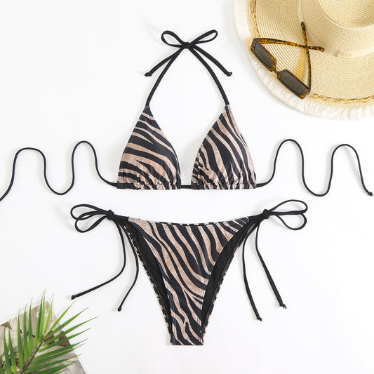 Damen Zebra-Print Triangel-Bikini-Set | Neckholder-Bikini mit seitlicher Bindung | Bademode mit Animal-Print | Mehrere Farben