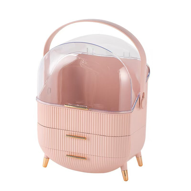 Luxury Makeup Organizer with Clear Lid and Drawers | Portable Cosmetic Storage Box with Handle and Gold Accents | Vanity Skincare Organizer