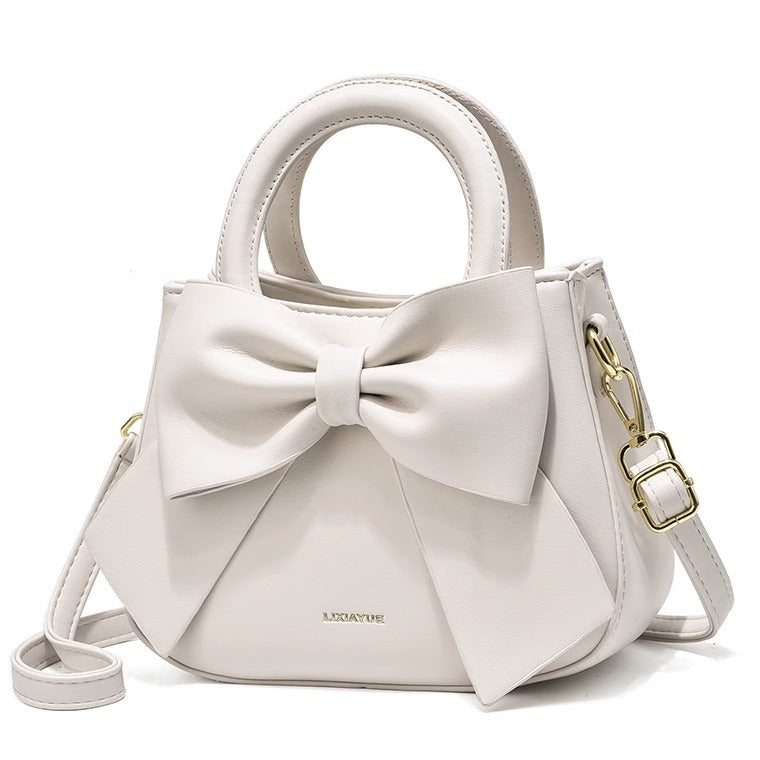 White Leather Handbag with Large Bow Detail | Small Elegant Crossbody Bag
