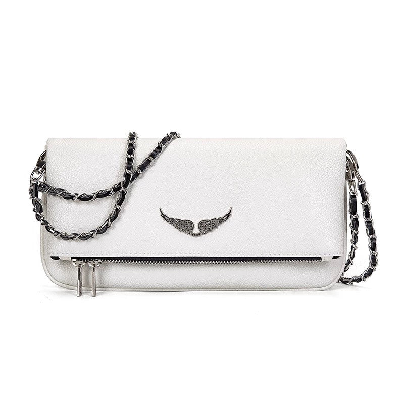 Zadig & Voltaire White Leather Crossbody Bag - Rock Nano Bag with Wings & Chain Strap | Designer Clutch with Tassel