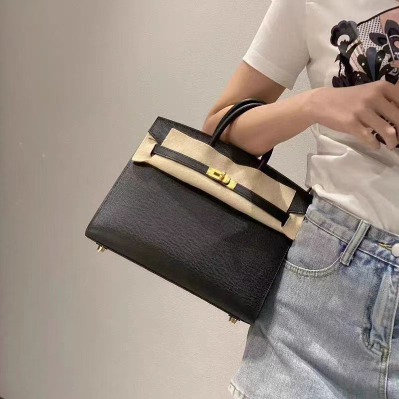 Women's Luxury Structured Leather Tote Bag | Taupe Grey Gold Hardware Top Handle Handbag | Designer Style Purse