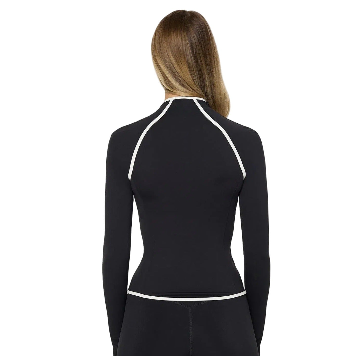 Giacca sportiva da donna nera aderente con cerniera ? Giacca da atletica con bordo bianco a contrasto e fori per i pollici | Palestra, Yoga e Corsa