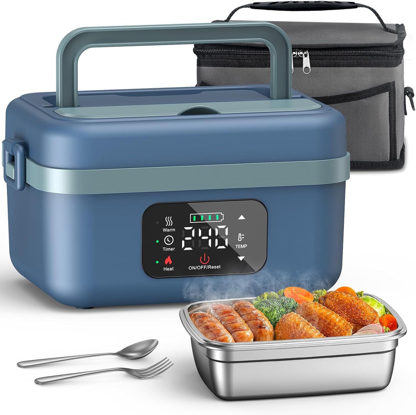 Electric Lunch Box Food Heater with LCD Display Timer & Carry Bag - Portable Self Heating Bento Box Stainless Steel Container for Work