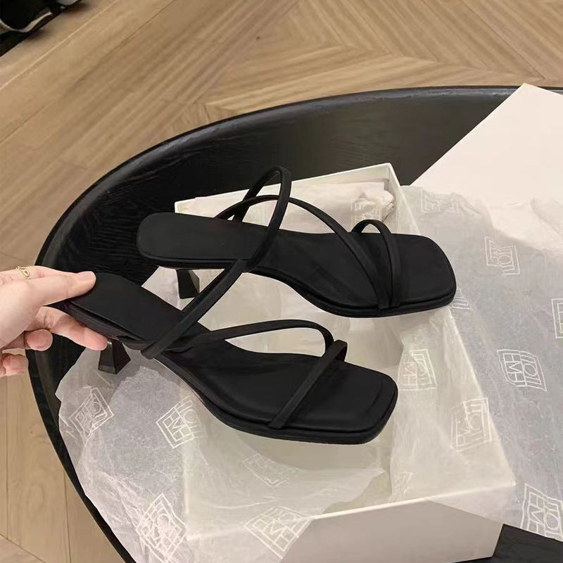 Black Strappy Square Toe Block Heel Sandals | Minimalist Open Toe Heels for Women | Summer Party Wedding Sandals