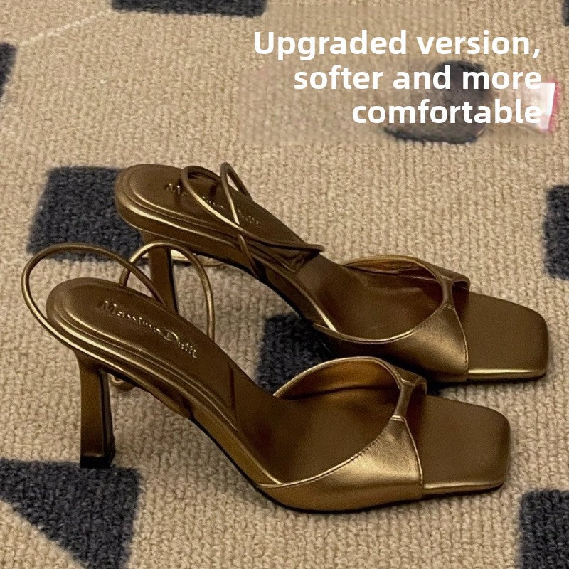 Bronze Gold Metallic Leather Square Toe Slingback Stiletto Sandals with Knotted Twist Toe Strap | Luxury Minimalist Evening Heels for Women