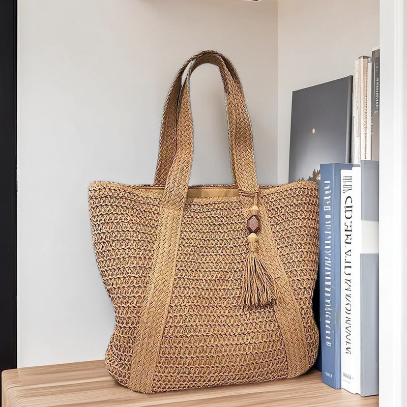 Natural Woven Straw Tote Bag with Tassel | Beach Crochet Shoulder Bag