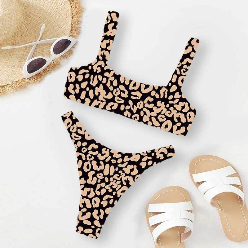 Colorful Leopard Print Bikini Set, Square Neck Crop Top & High Cut Bottom, Women Two Piece Swimwear, Multi Color Animal Print Swimsuit, Beach Vacation Bathing Suit