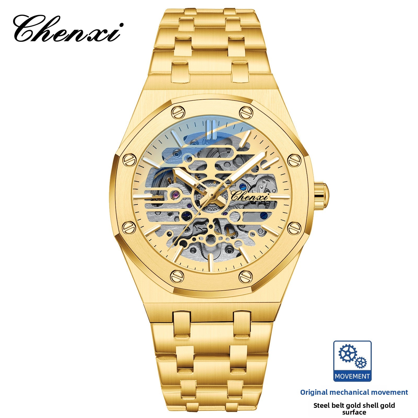 Chenxi Men's Skeleton Mechanical Watch | Royal Oak Style Octagonal Screw Bezel Blue Accent | Silver Stainless Steel Bracelet Luxury Timepiece