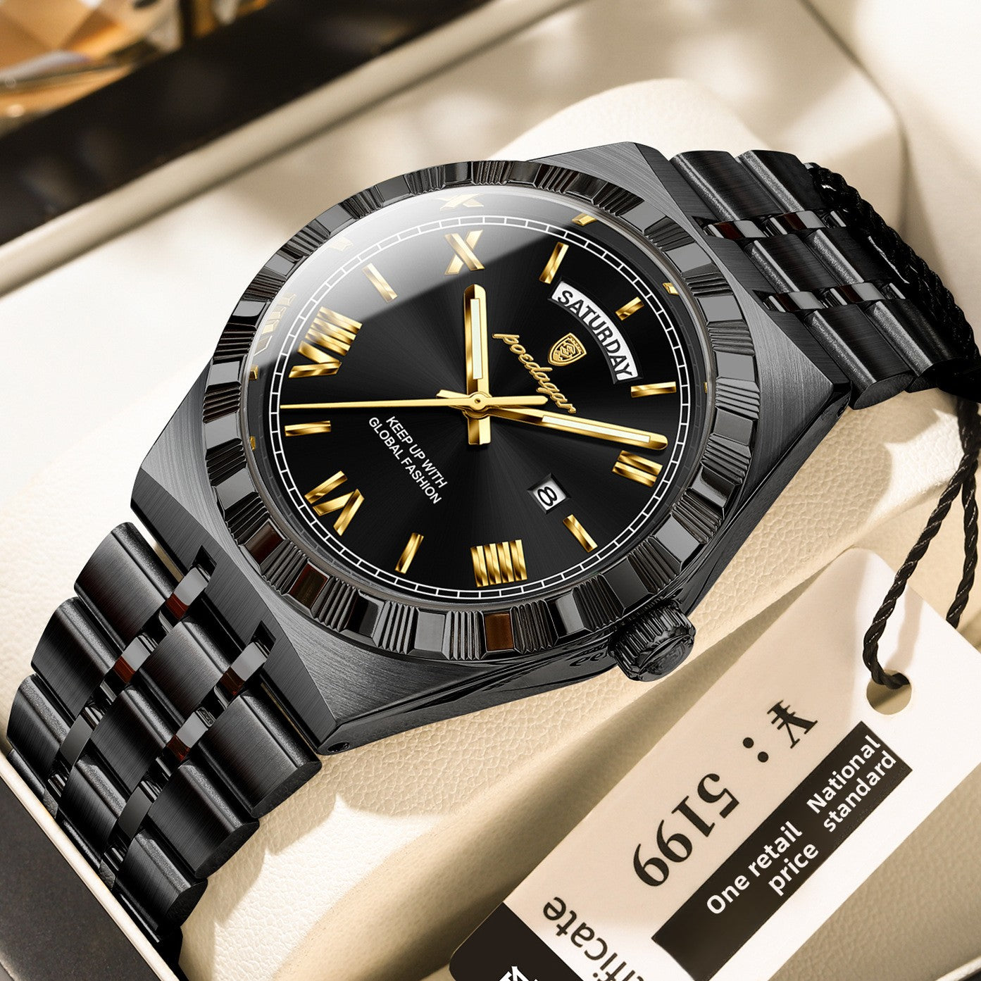 Poedagar Silver Stainless Steel Black Dial Luxury Watch | Day Date Roman Numeral Men's Dress Watch | Waterproof Quartz Wristwatch