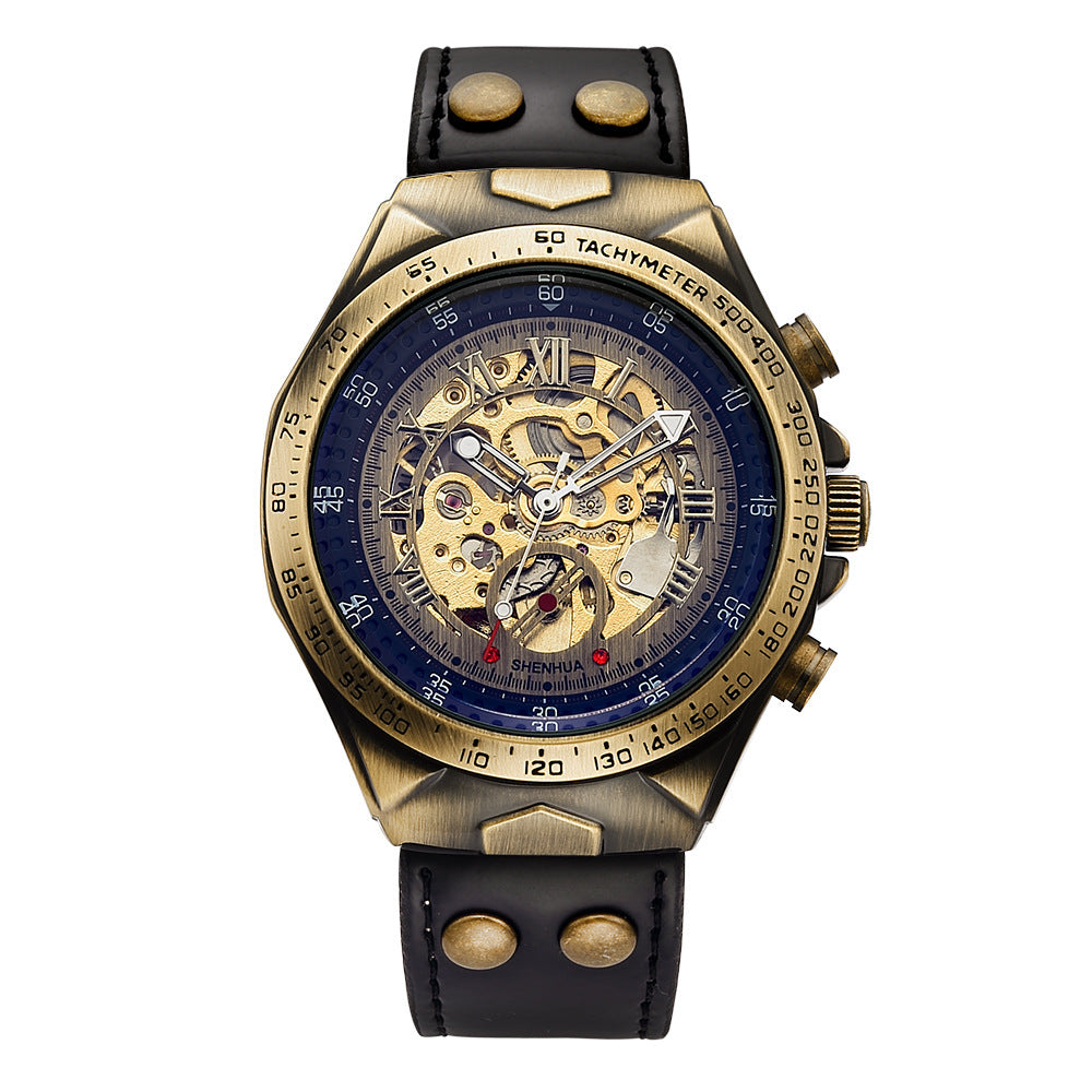Shenhua Bronze Skeleton Automatic Mechanical Watch Brown Leather Tachymeter Bezel | Men Vintage Steampunk Transparent Dial Luxury Wrist Watch