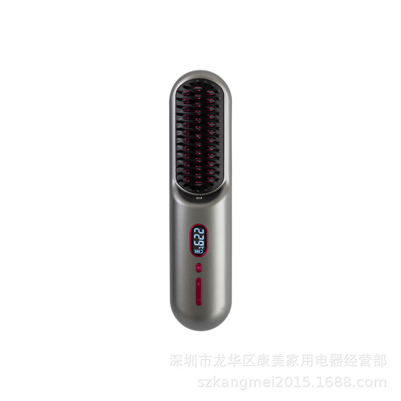 LCD Digital Hair Straightening Brush | Cordless Electric Heated Comb 226�C | Portable Ionic Anti-Frizz Hair Straightener | Gray Rechargeable Hot Comb