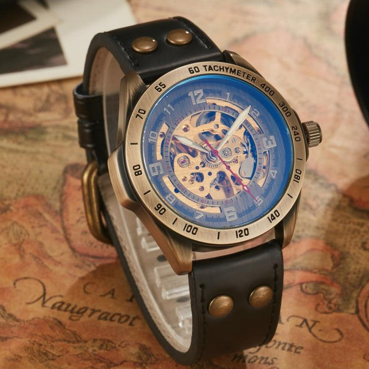 Shenhua Bronze Skeleton Automatic Mechanical Watch Brown Leather Tachymeter Bezel | Men Vintage Steampunk Transparent Dial Luxury Wrist Watch