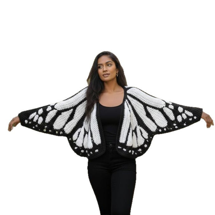 Butterfly Wing Knit Cardigan Women | Pink & Black Monarch Oversized Shawl Wrap Sweater | Boho Fairy Cottagecore Jacket