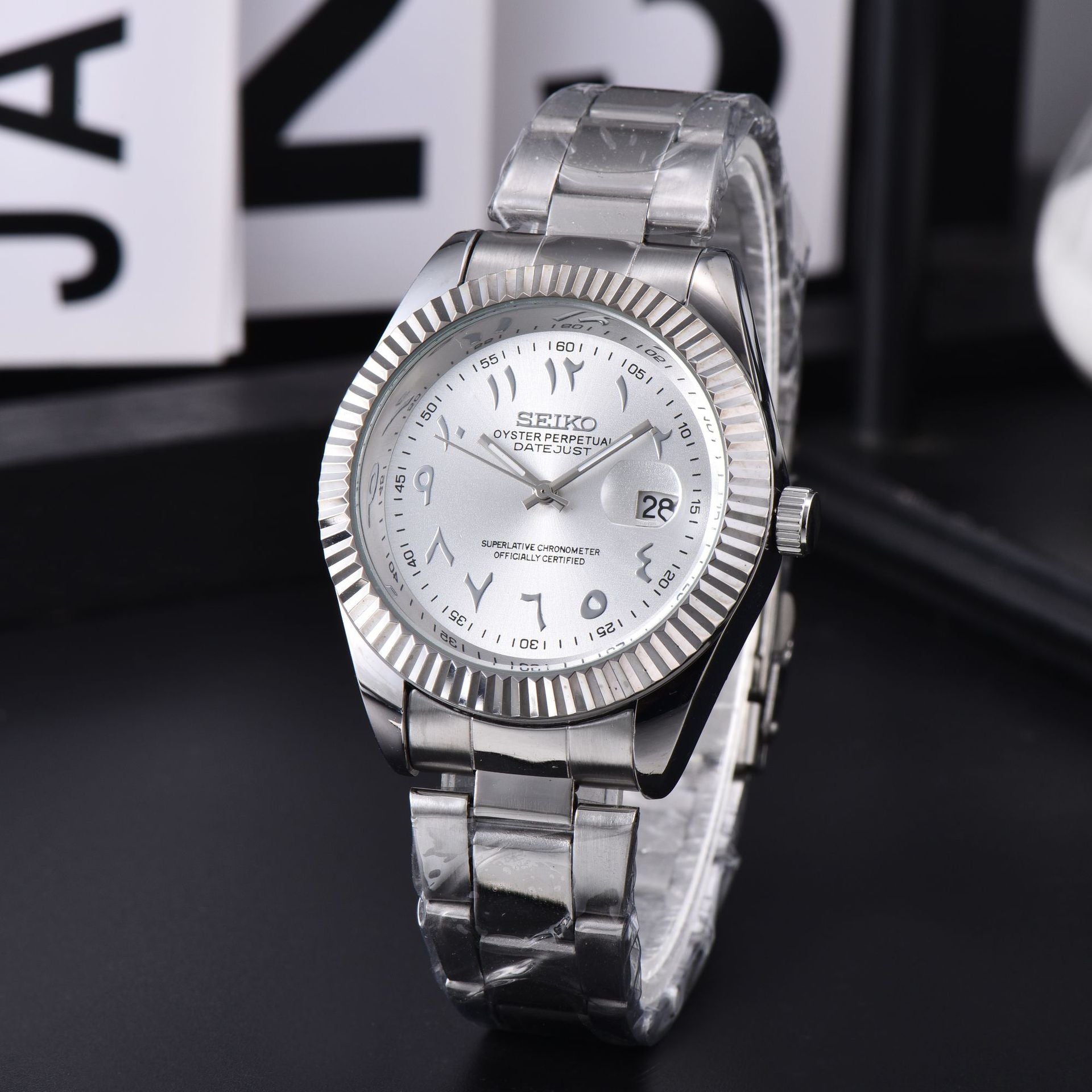 Men's Silver Luxury Dress Watch | Fluted Bezel Arabic Numeral Black Dial Jubilee Bracelet Date Watch