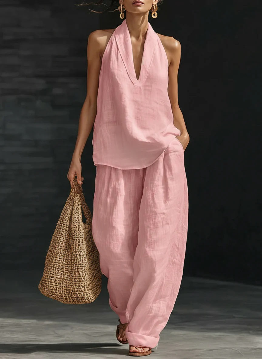 Women's 2 Piece Linen Halter Neck Top & Wide Leg Pants Set | Casual Boho Summer Co-Ord Outfit | Beach Vacation Loungewear | Burgundy