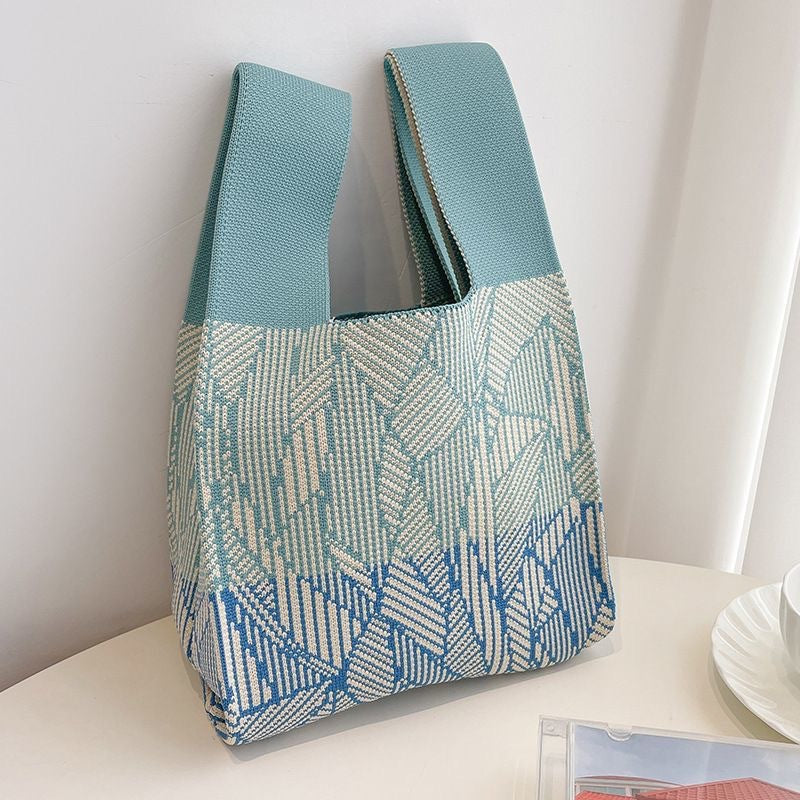 Black & White Geometric Knit Tote Bag | Aztec Pattern Wrist Handle Handbag | Boho Crochet Style Women's Bag