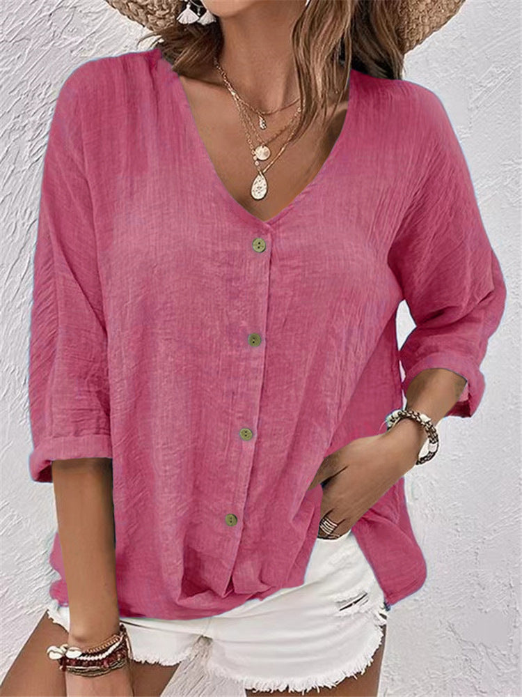 Camicia da donna in lino e cotone color cachi con bottoni | Top casual scollo a V a maniche a 3/4 | Camicia estiva boho