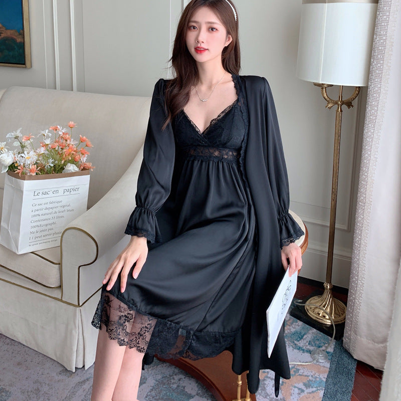 Women's Black Satin Lace Trim Nightgown and Robe Set Sexy 2 Piece V Neck Slip Dress with Long Sleeve Dressing Gown Sleepwear