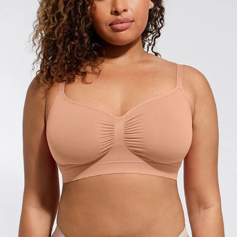 Women's Black Seamless Wireless Bra with Ruched Front Detail, Thin Adjustable Straps and V Neckline for Plus Size