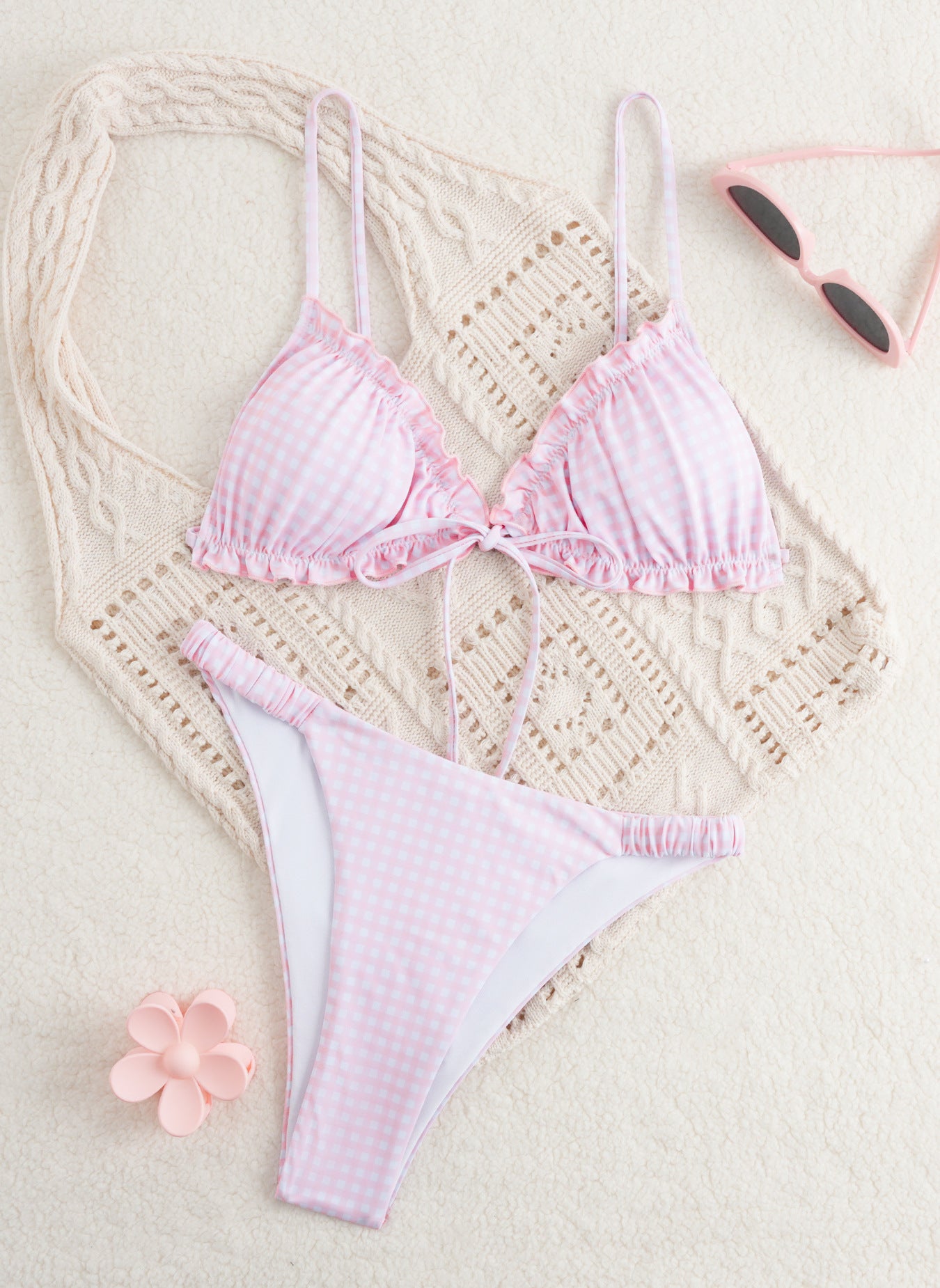 Pink Gingham Ruffle Bikini Set | Tie Front Triangle Top Cheeky Bottom Swimsuit | Women's Cute Summer Swimwear