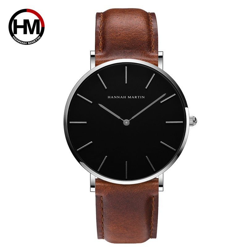 Hannah Martin Minimalist Watch | Black Dial Leather Strap | Ultra Thin Silver Case | Unisex Quartz Dress Watch