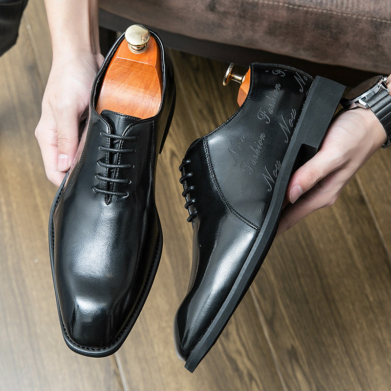 Men's Black Bronze Patina Leather Oxford Dress Shoes | Script Embossed Luxury Lace-Up Formal Shoes