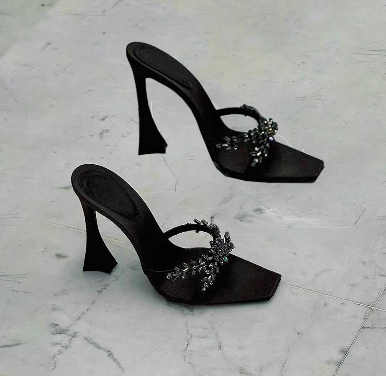 Black Satin Crystal Flower Sculptural Heel Square Toe Mule Sandals | Women's Rhinestone Embellished Slip-On High Heel Shoes