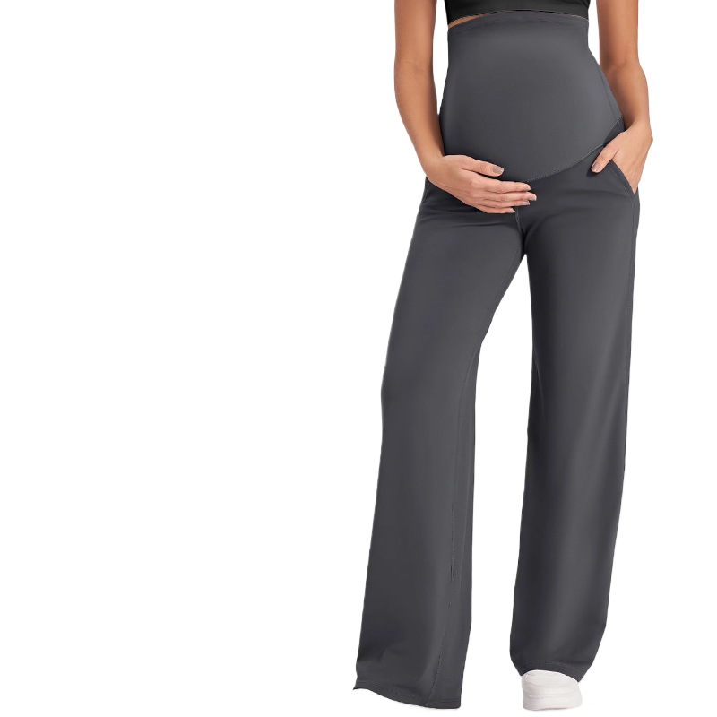 High Waist Maternity Wide Leg Pants with Pockets | Butt Lifting High Elastic Over Bump Pregnancy Trousers | Flowy Casual Lounge Pants | All Trimesters | Brown