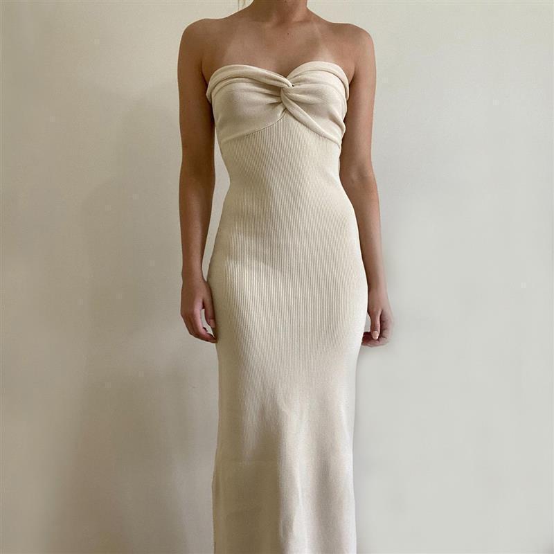 Black Strapless Midi Dress | Ribbed Bodycon Bandeau Dress | Elegant Evening & Party Dress for Women