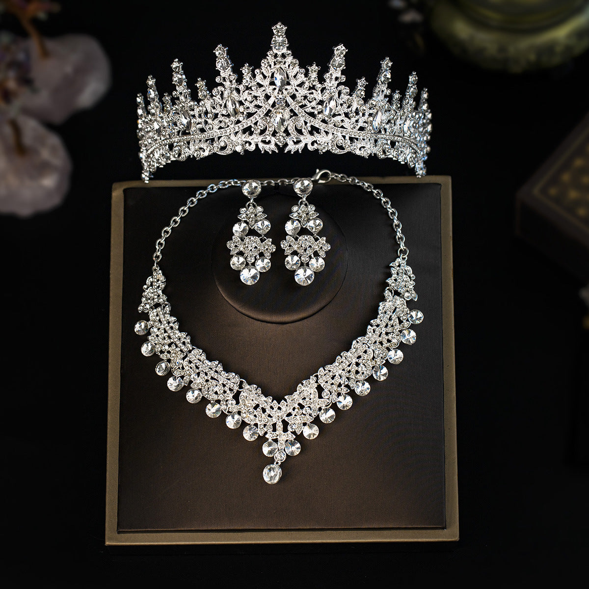 3 Piece Red Crystal Bridal Jewelry Set | Gold Crown Tiara Necklace & Earrings | Queen Wedding Pageant Party Jewelry Set