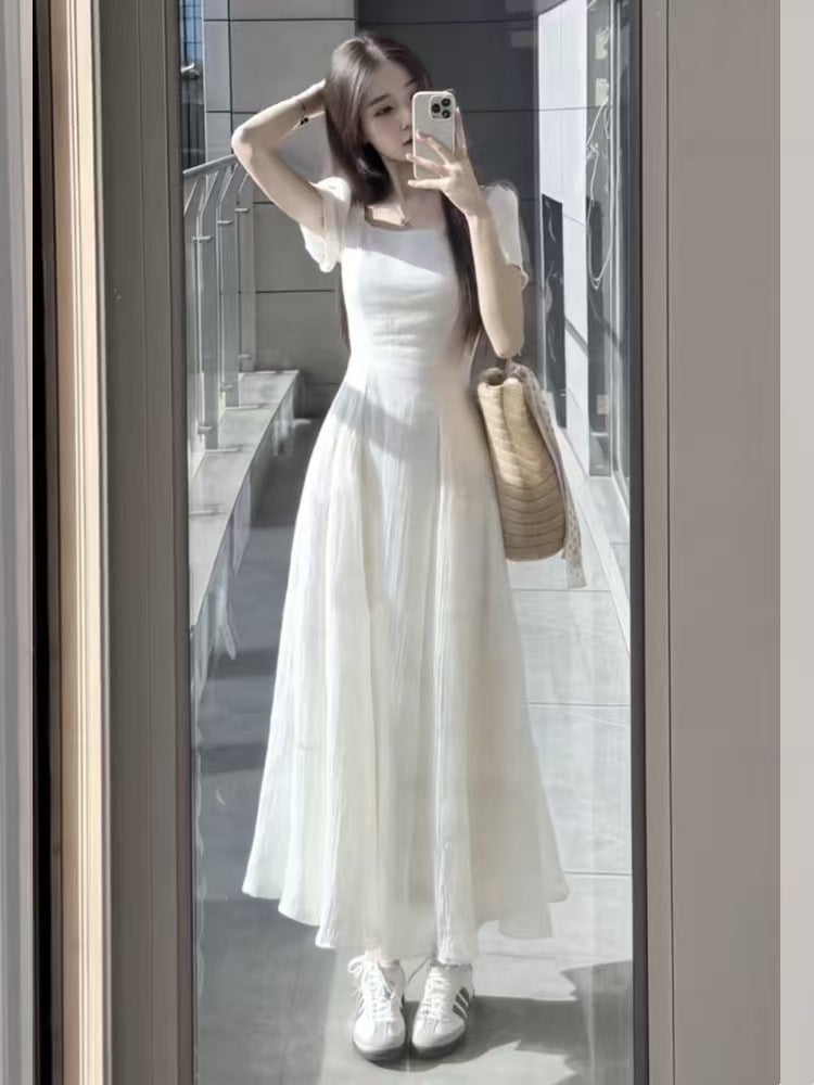 Women's White Square Neck Puff Sleeve Maxi Dress - Elegant A-Line Pleated Long Dress with Cinched Waist - Romantic Fairy Dress for Summer, Beach, Vacation & Everyday Wear