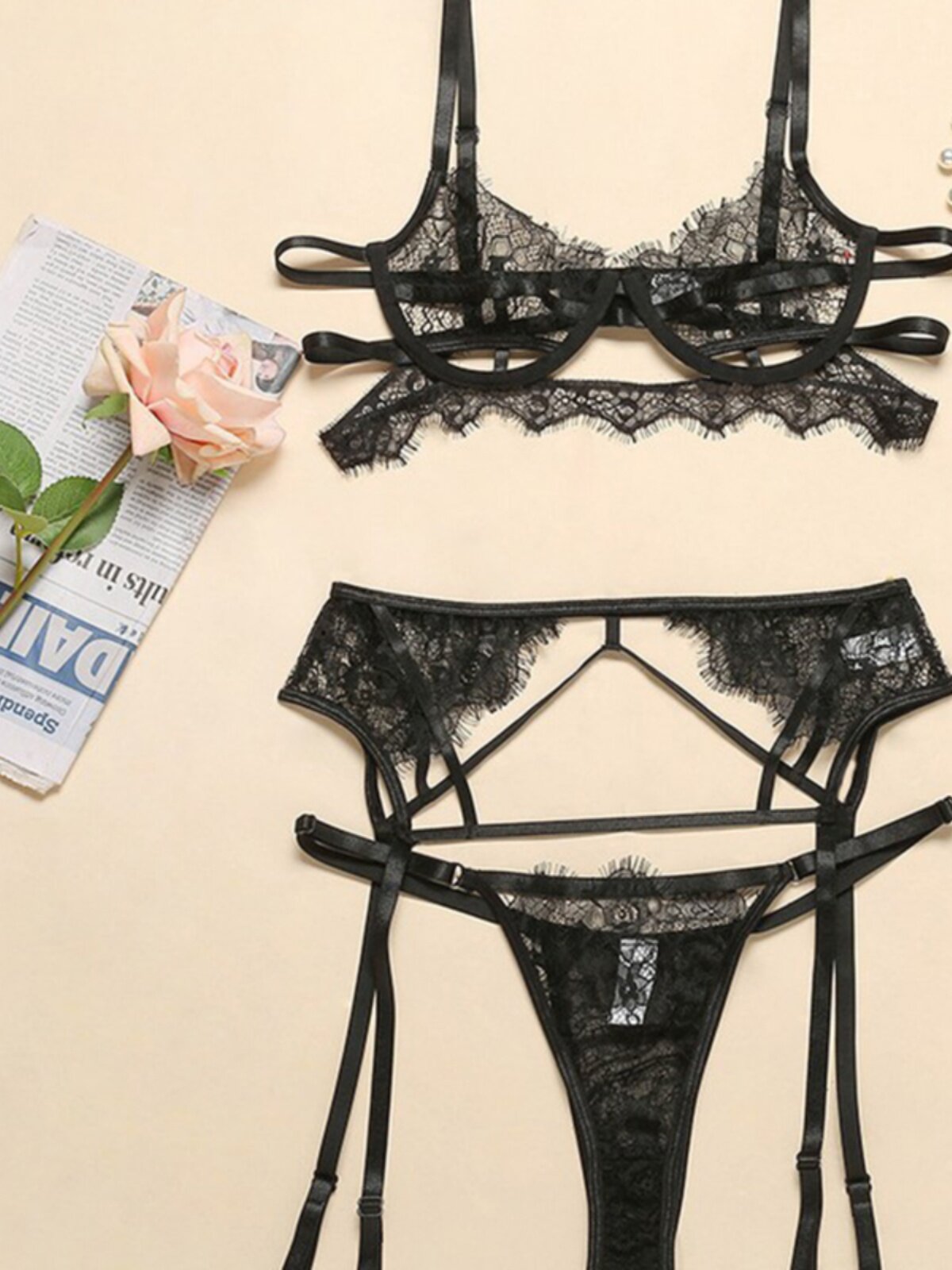 Black Strappy Lace Lingerie Set with Garter Belt | 3-Piece Cage Bra Harness Underwear Set