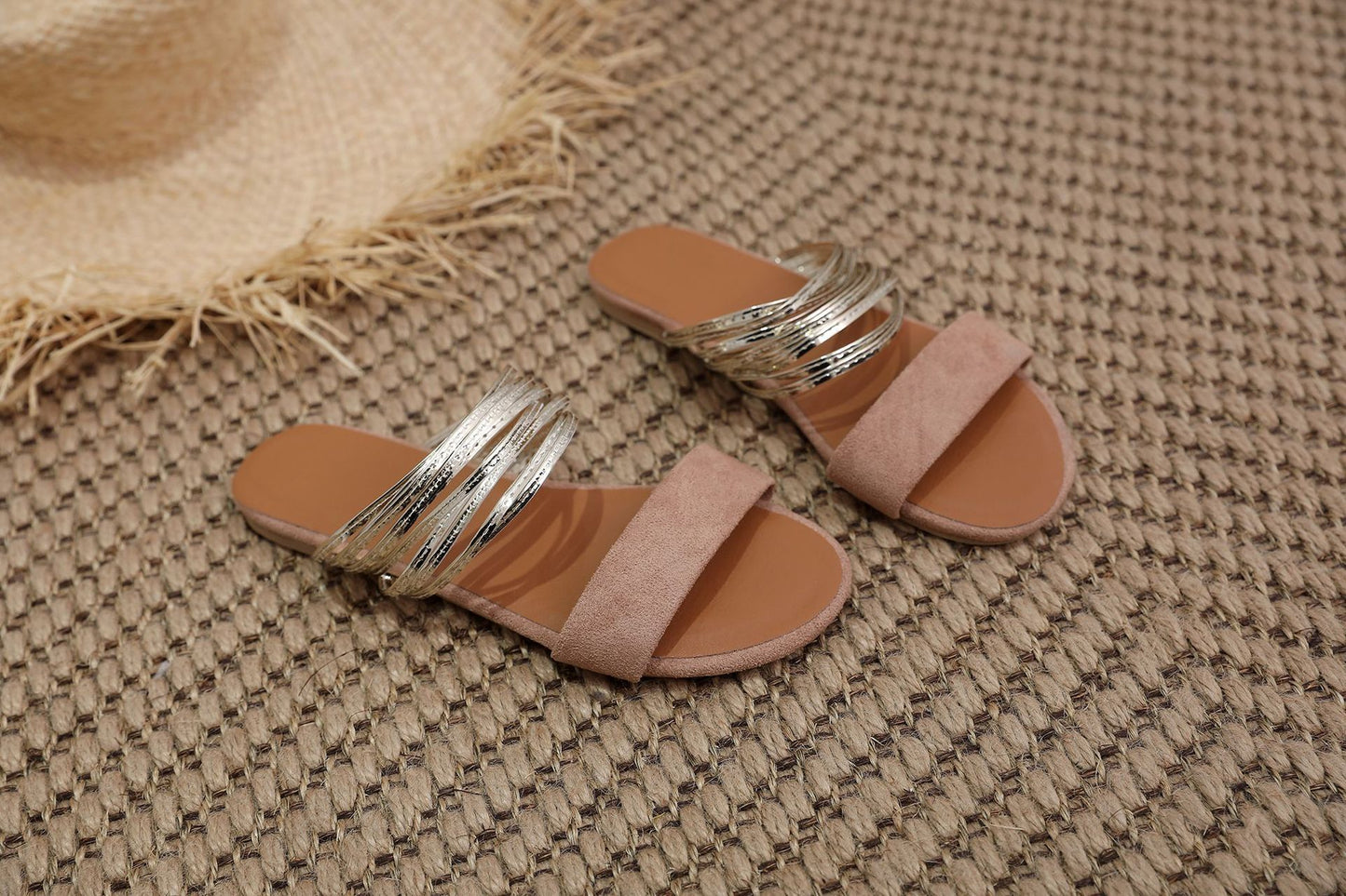 Black Suede Multi Gold String Strap Flat Sandals | Women's Boho Open Toe Slide Sandals