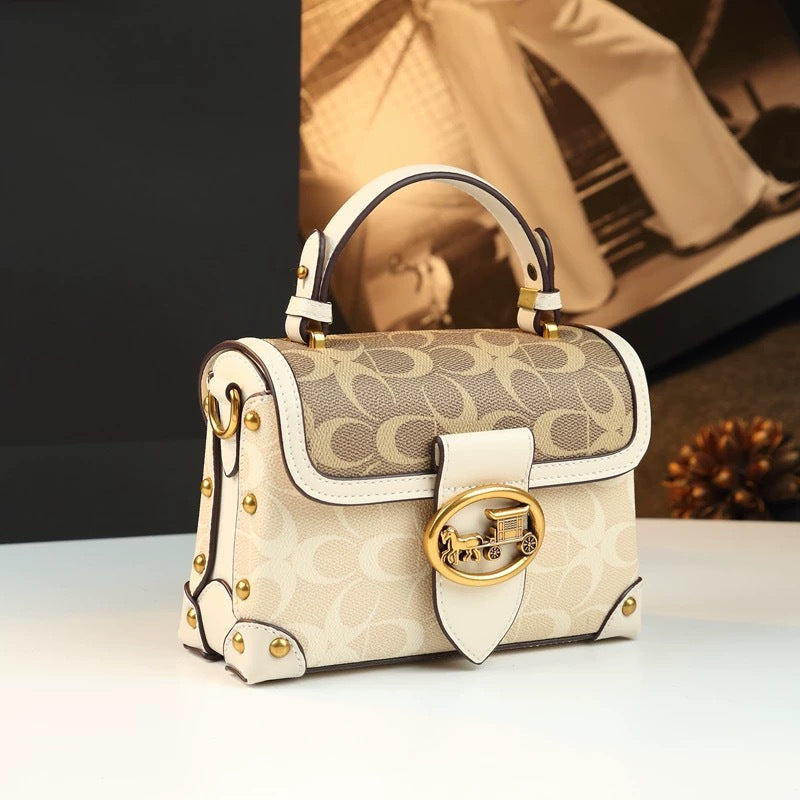 Genuine Leather Signature Monogram Mini Top Handle Crossbody Bag - Tan Canvas with Pink & Green Colorblock Trim - Gold Horse Carriage Turn Lock Flap Satchel - Women's Designer Style Handbag