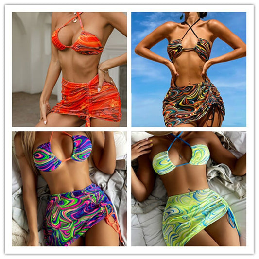 Neon Psychedelic Print 3-Piece Bikini Set, Halter Top & Sarong Skirt Swimsuit, Women Colorful Swirl Swimwear, Rave Beach Festival Bathing Suit, Tie Side Cover Up Set