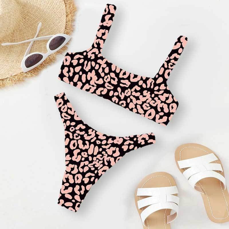 Colorful Leopard Print Bikini Set, Square Neck Crop Top & High Cut Bottom, Women Two Piece Swimwear, Multi Color Animal Print Swimsuit, Beach Vacation Bathing Suit